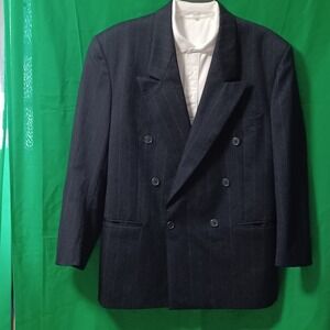 Yves Saint Laurent Men Navy Pinstripe Pure Wool Double Breasted Blazer France 42